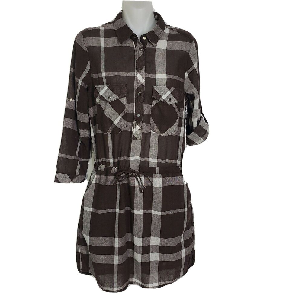 Grifflin Paris Shirt Dress Medium Brown Plaid Tie Waist Linen Blend 3/4 Tab Slv